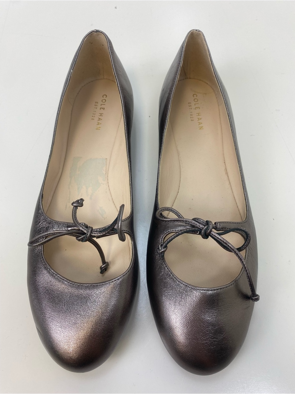 Cole Haan Metallic Pewter Leather Ballet Flats with Bow
